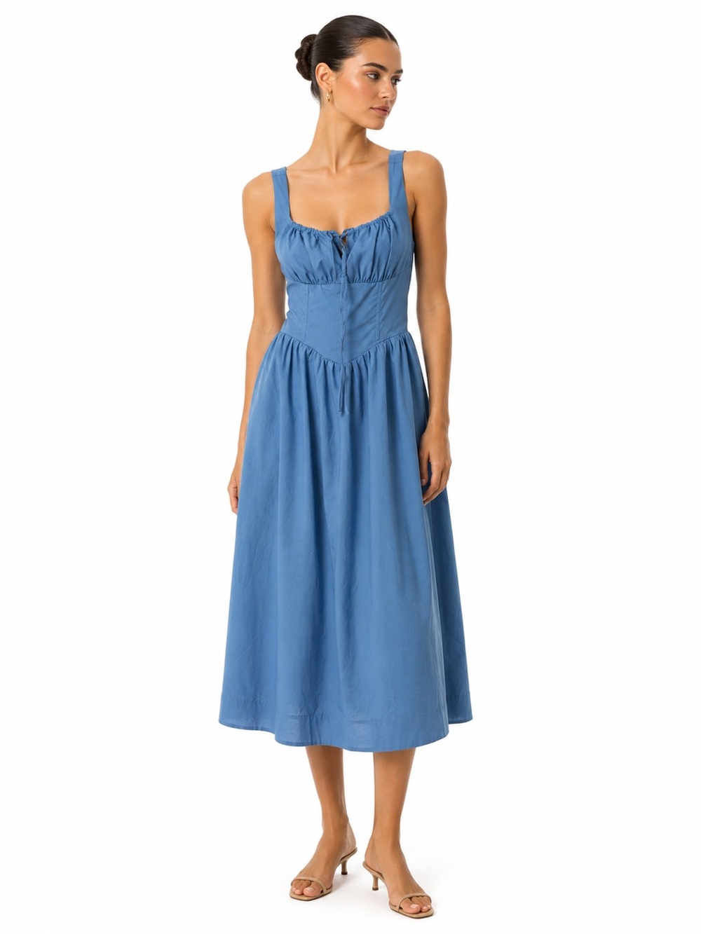 ASTR The Label Martina Dress Blue Midi Dress with Gathered Bodice